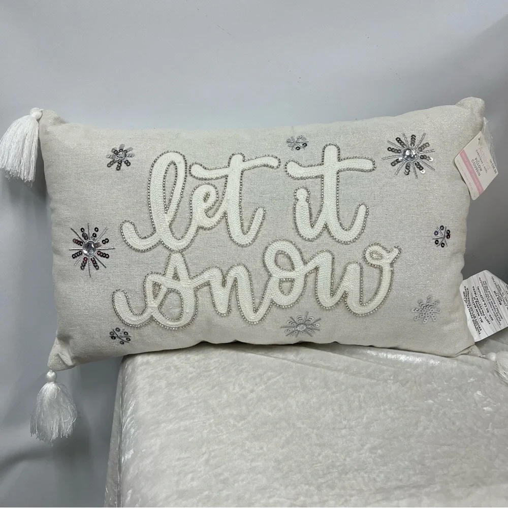 Grey Silver White Sequined Beaded Let It Snow Holiday Throw Pillow Cushion nwt
